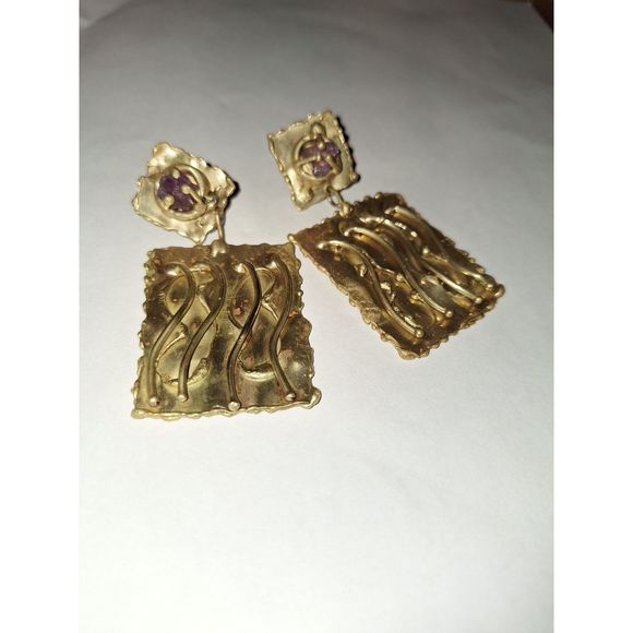 Brutalist Designer Handmade Clip On Earrings Brass and Raw Amethyst Ernandes - Picture 8 of 16